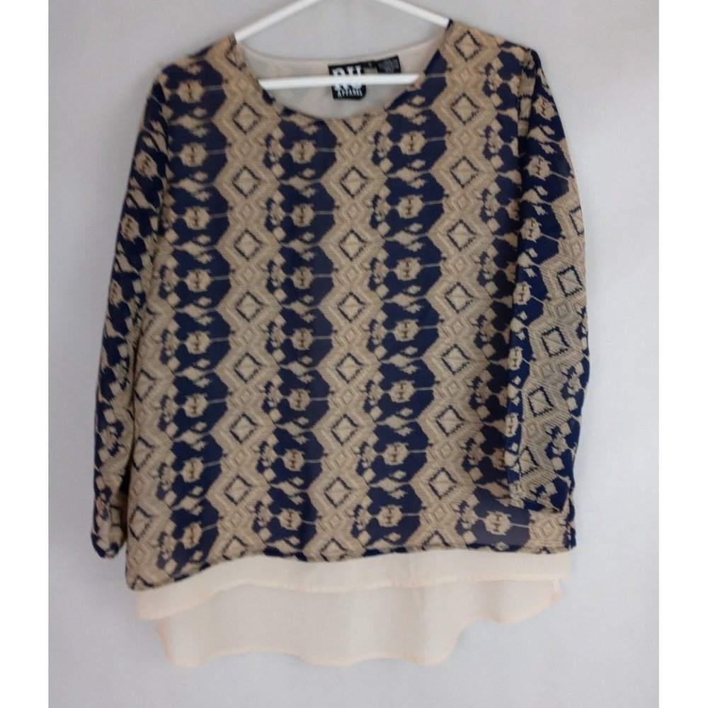 RU Apparel Women's Blue & Tan Lined Sheer  Blouse Size Small